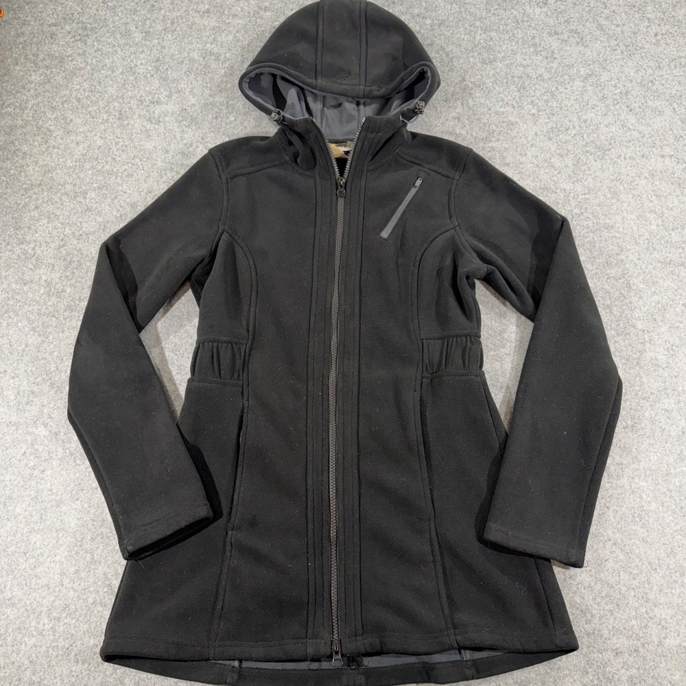 Athleta Womens Black Fleece Hooded Full Zip Jacket Waist Cinch Longline Coat